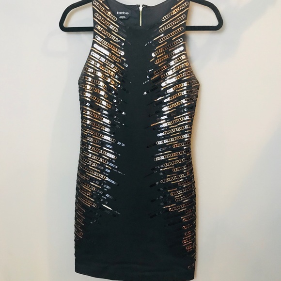 bebe Dresses & Skirts - BeBe black dress with gold and back sequining
